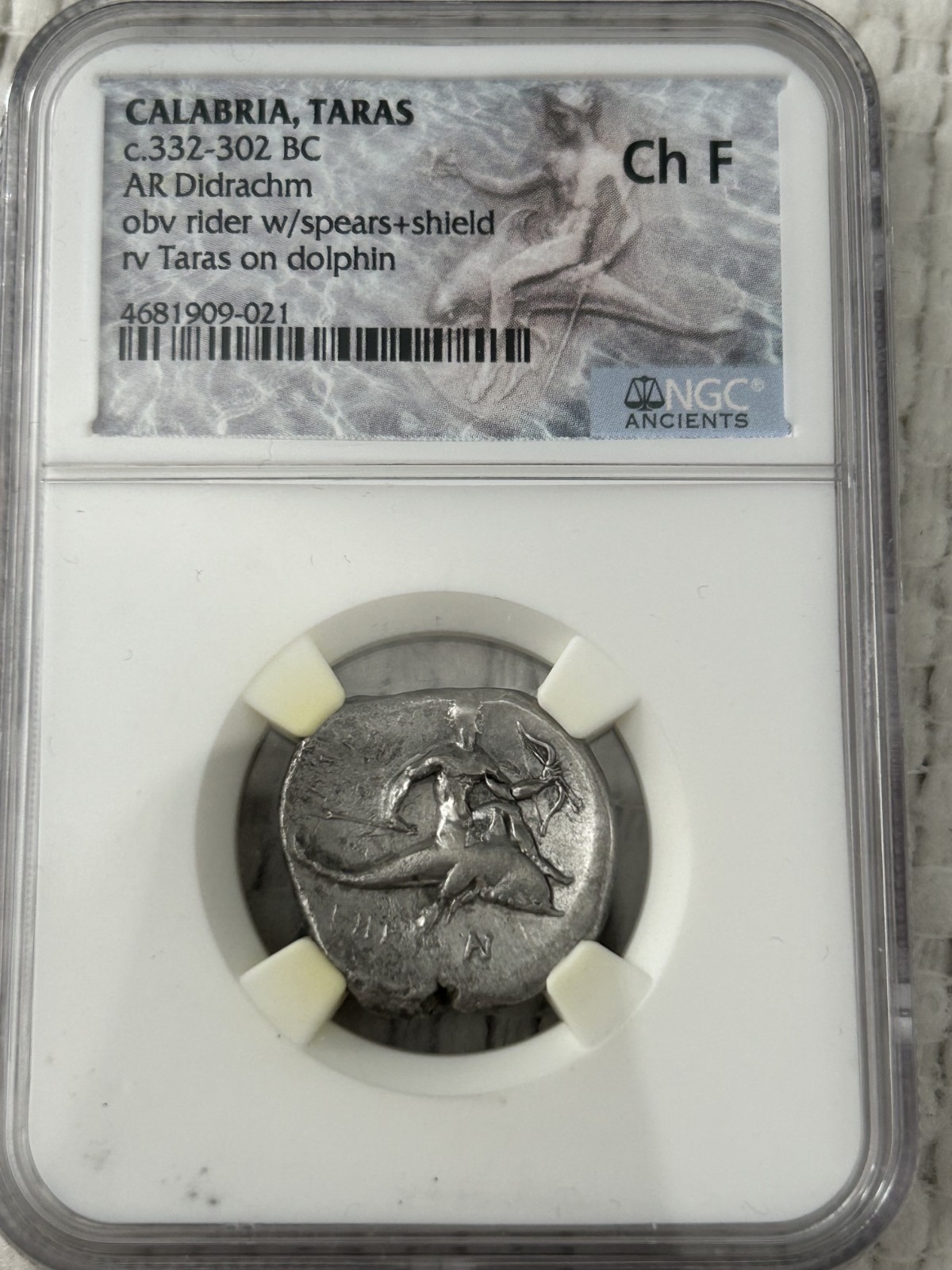 CALABRIA, TARAS c.332-302 BC AR Didrachm 7.91g Horseman and Dolphin NGC Ch F