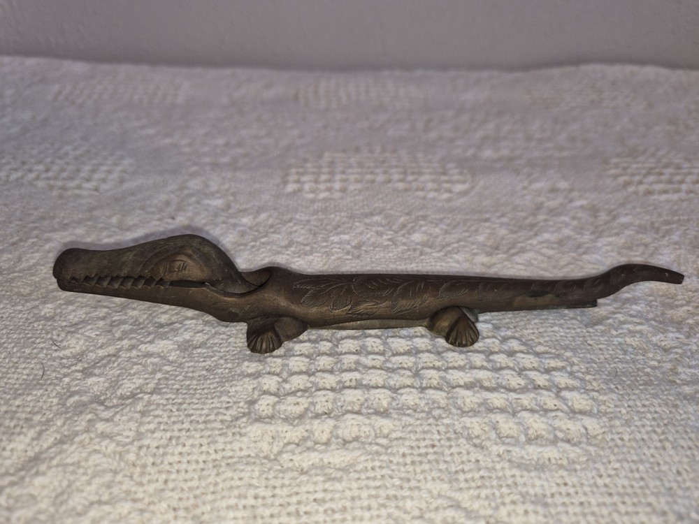Vintage Brass Alligator Nutcracker with Engraved Detailing