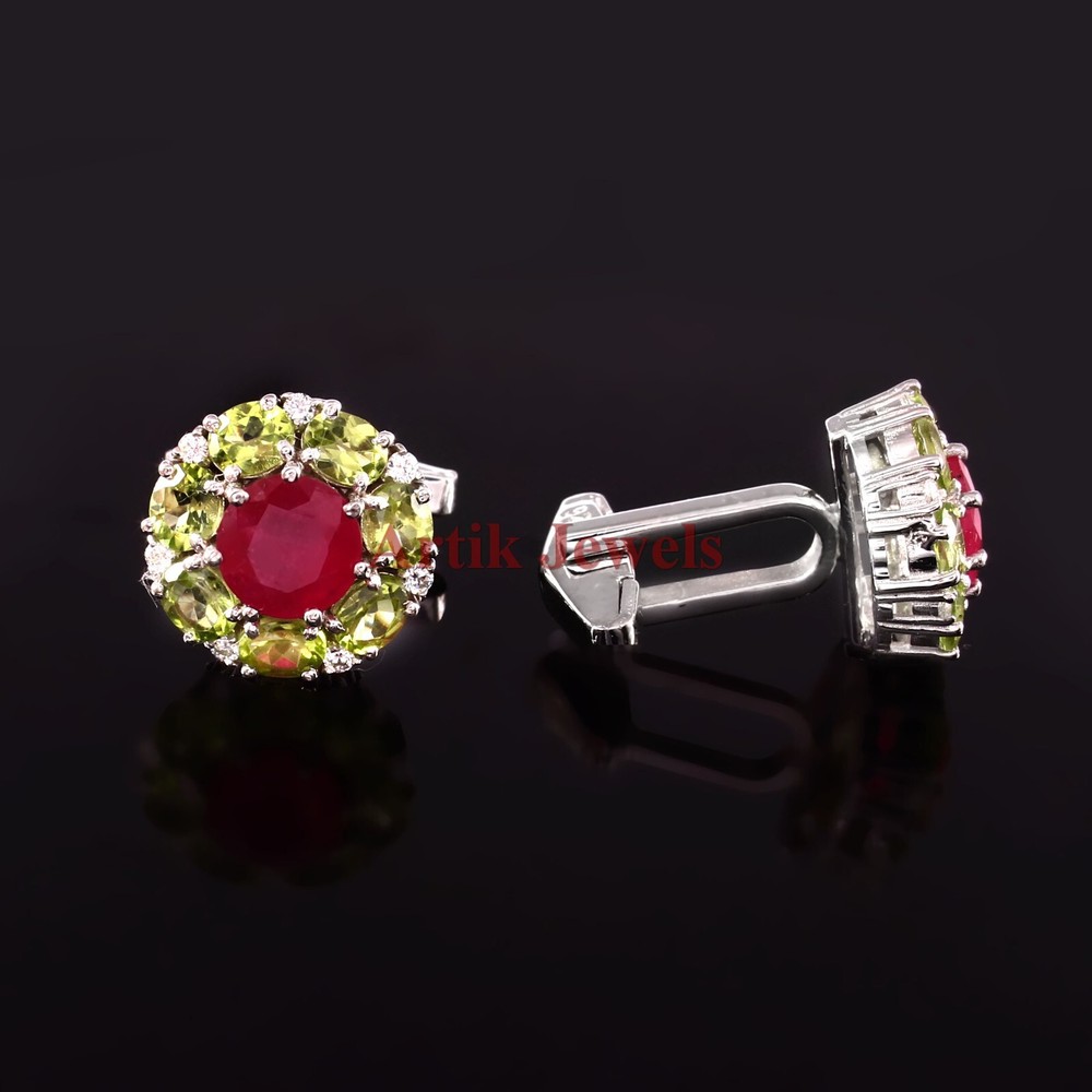 Heated Ruby & Peridot Gemstone With 925 Sterling Silver Cufflink #179