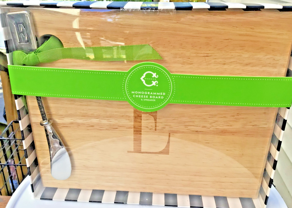 Wood Cheese Board with Monogram E + Stainless Spreader – Initial E – Gift Ready