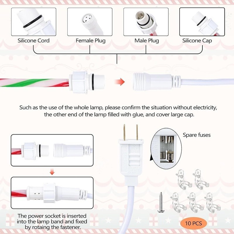 Candy Cane Christmas Rope Lights Waterproof LED String Light Timer 8 Modes Decor