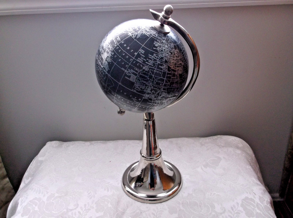 Tabletop Black And Silver World Globe on Silver Dimpled Stand 15”