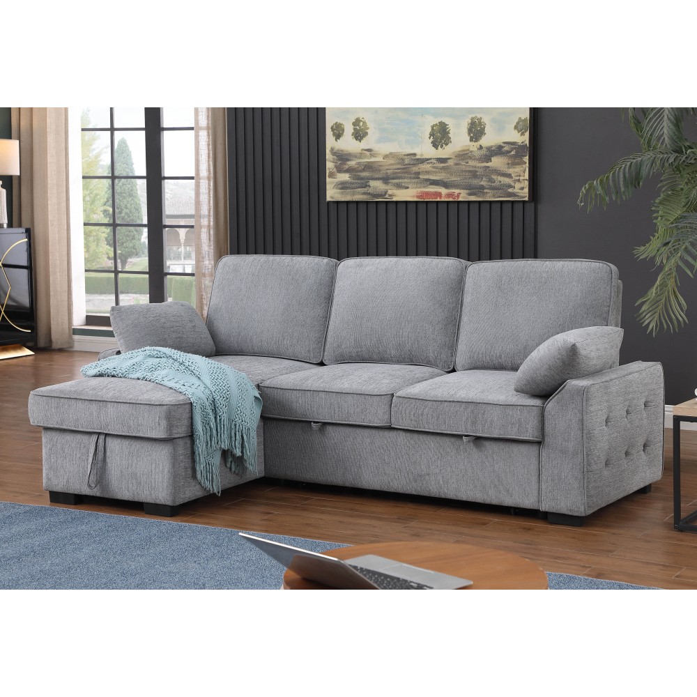 Light Gray 91"W Reversible Sleeper Sectional Chenille Storage Chaise & Table