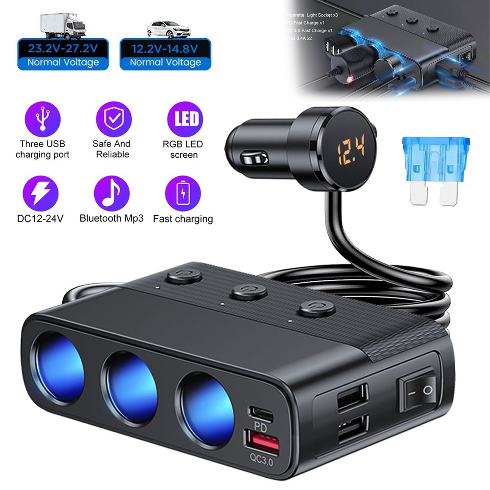 3Way Car Cigarette Lighter Socket Splitter USB Fast Charger Power Adapter 12-24V