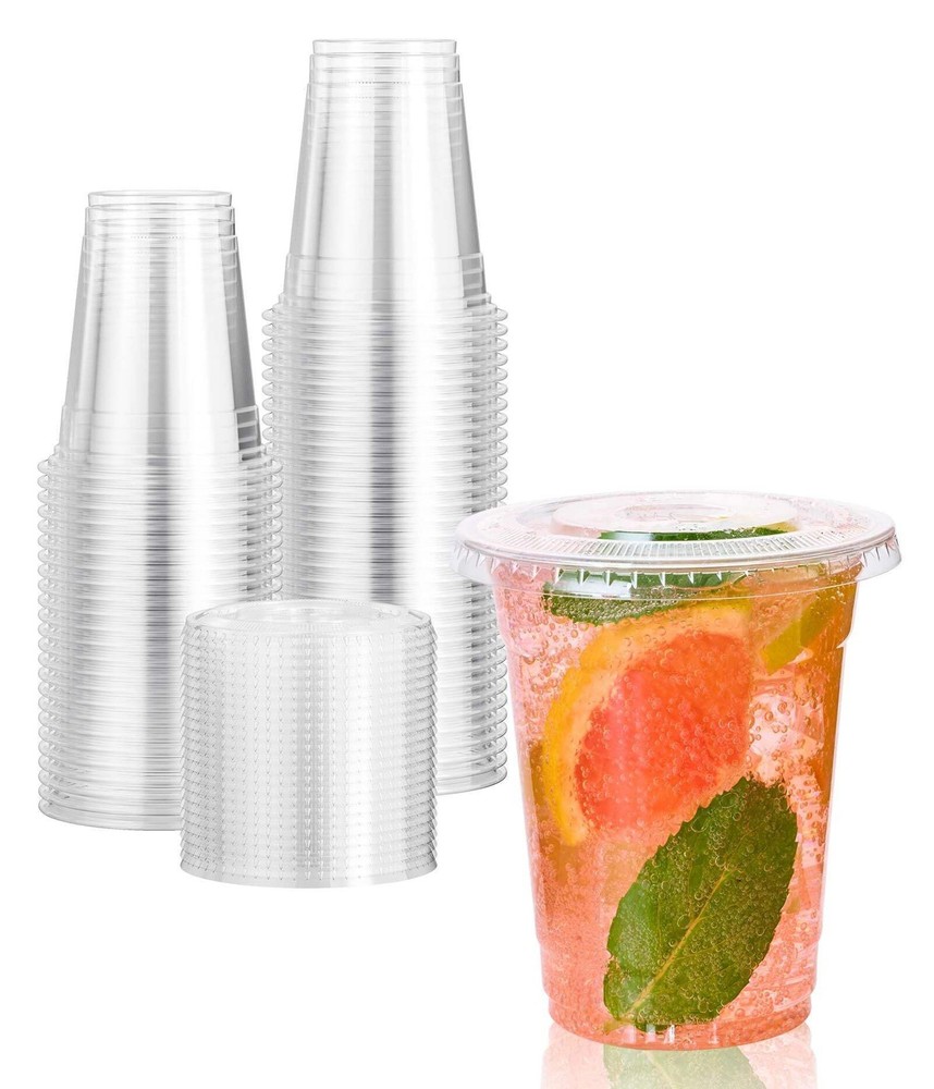 12oz Plastic Clear PET Cups With Flat Lid: 8 Pack
