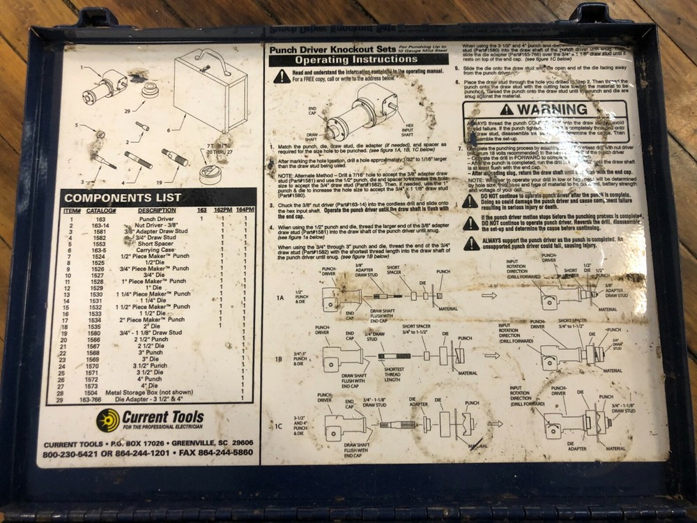 Current 1/2 to 2" Drill/Driver Mechanical Knockout Punch Tool Kit 162PM USED