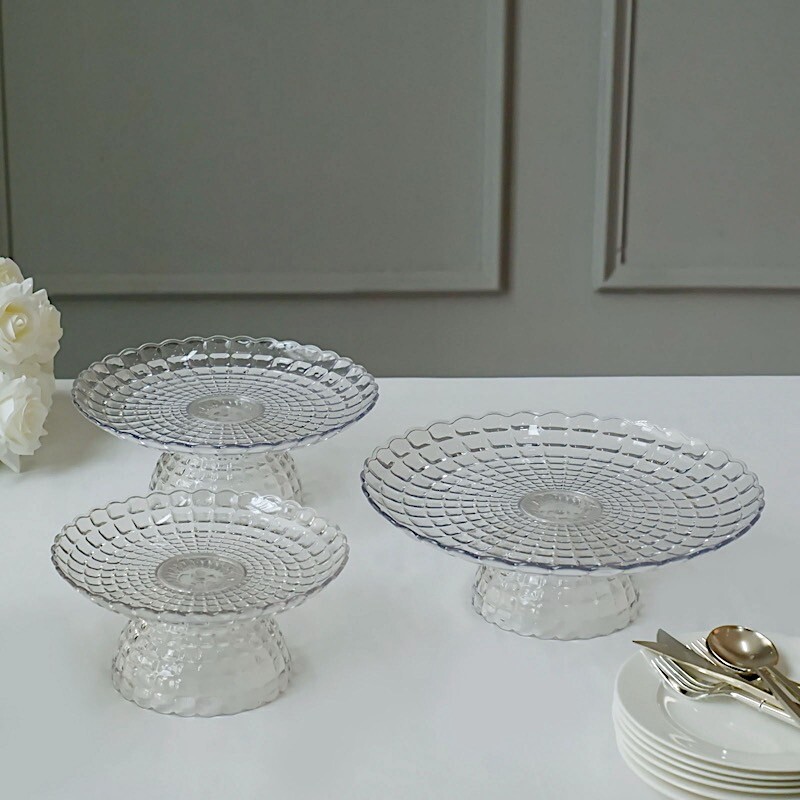 Clear 3 Plastic Stackable Pedestals Pressed Design Cupcake Stands Set Party Home