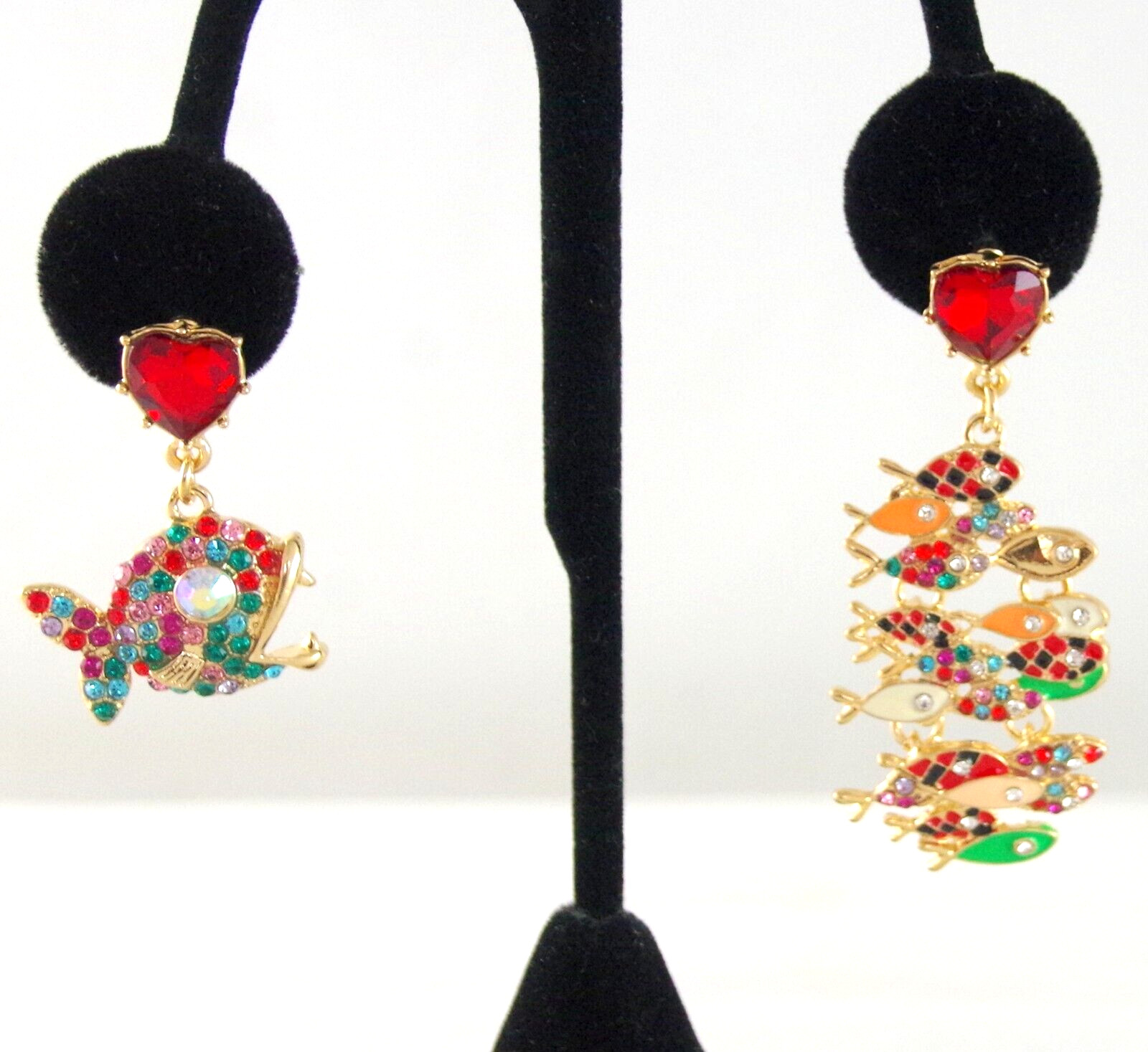 BETSEY JOHNSON ASYMMETRICAL PREDATOR/ SCHOOL OF FISH RHINESTONE DANGLE EARRINGS