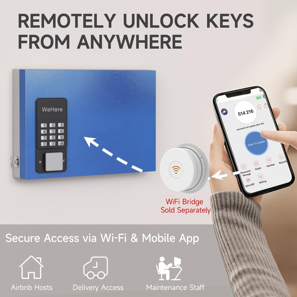 WeHere 16 Key Lock Box Wall Mount, Smart Key Cabinet with Key Tags, Bluetooth...