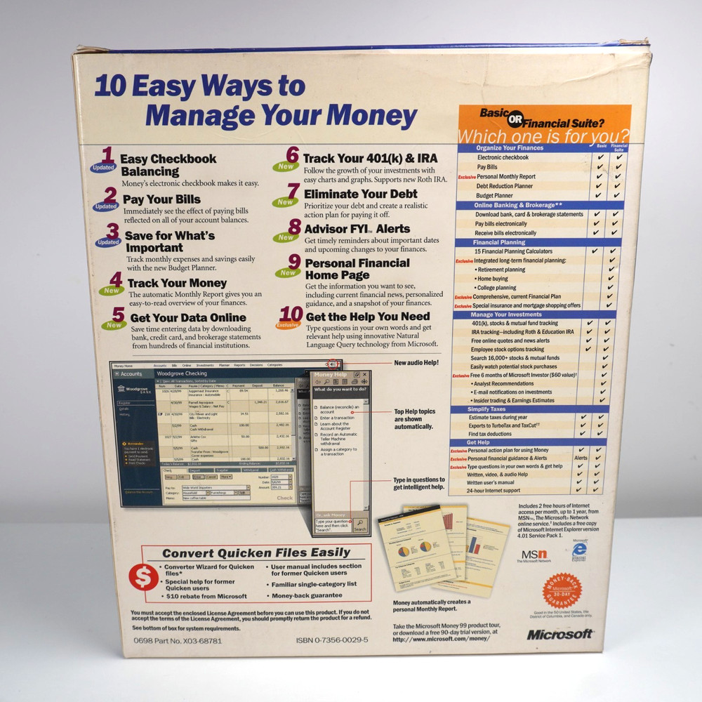 Microsoft Money 99 Basic English CD-ROM - For Windows 95 / NT - Complete Box