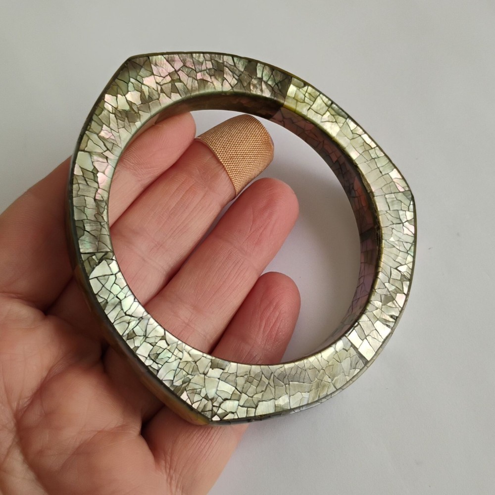 Vintage Modernist Crackle Abalone Shell Triangular Bangle Bracelet