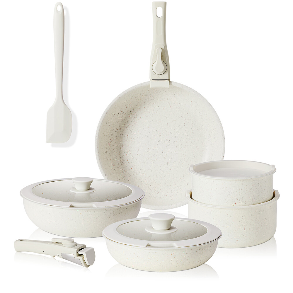 12Pcs Nonstick Cookware Set Kitchen Pot Pan Lid and Detachable Handle Stackable