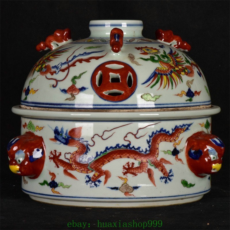 10.2"Wucai Porcelain Dragon Loong Beast Phonix Tiger Head incense burner Censer