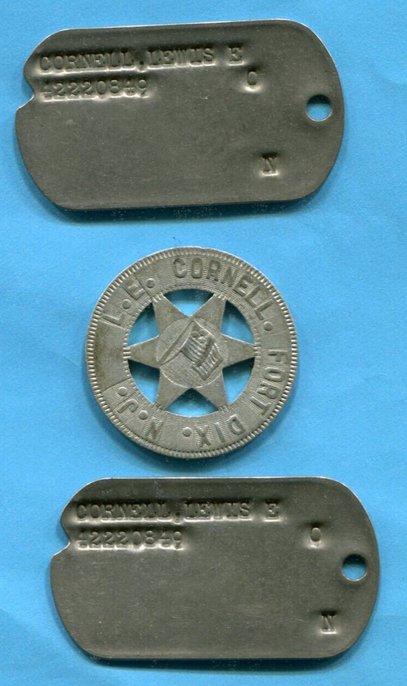 WORLD WAR 2 DOG TAGS AND FORT DIX NJ PERSONAL MEDAL LEWIS E CORNELL ON CHAIN