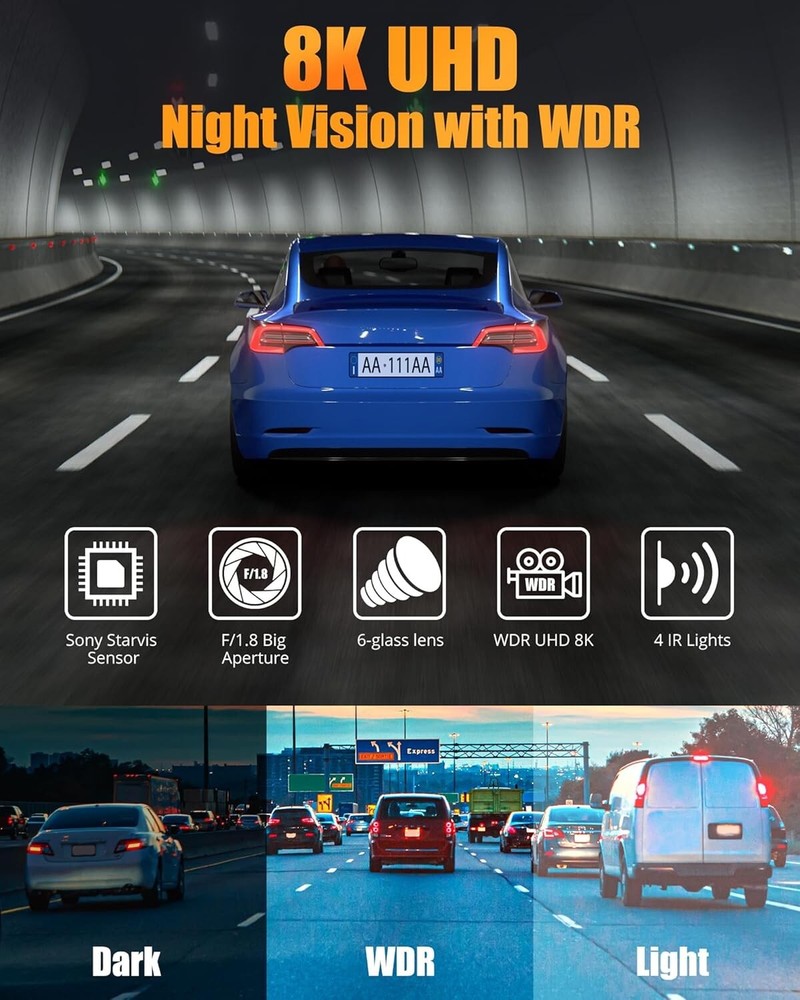 OVEDISA 8K Full UHD Dash Cam Front and Rear Inside with App