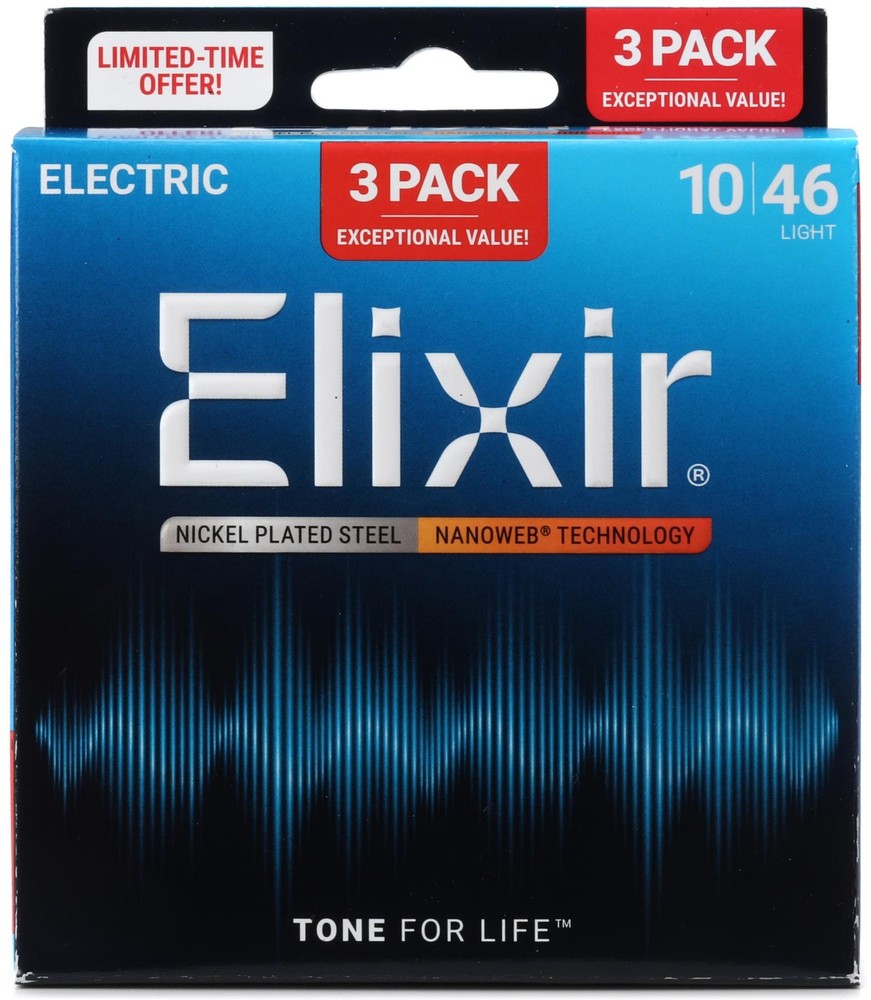 Elixir Strings 16542 Nanoweb Electric Guitar Strings - .010-.046 Light 3-pack