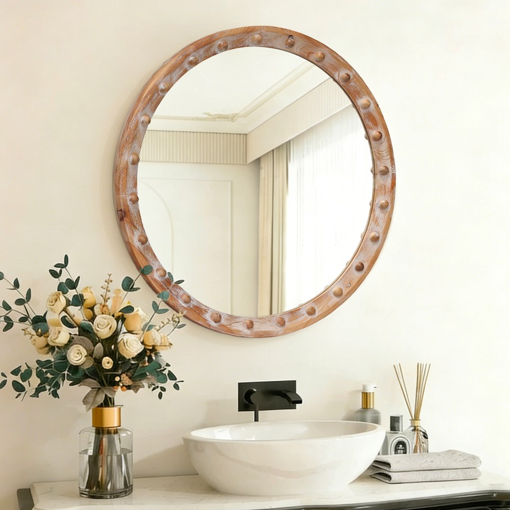 Rustic Round Wall Mirror 24" Distressed Wood Frame w/ Rivets Decor