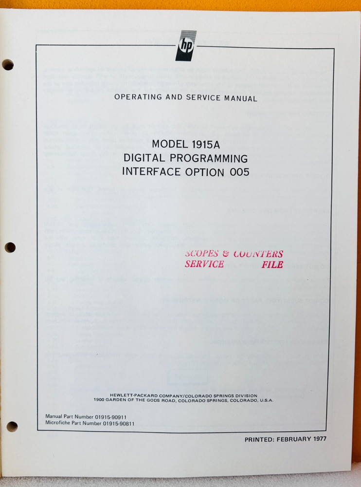 HP 01915-90911 Model 1915A Digital Programming Interface Opt 005 Service Manual.