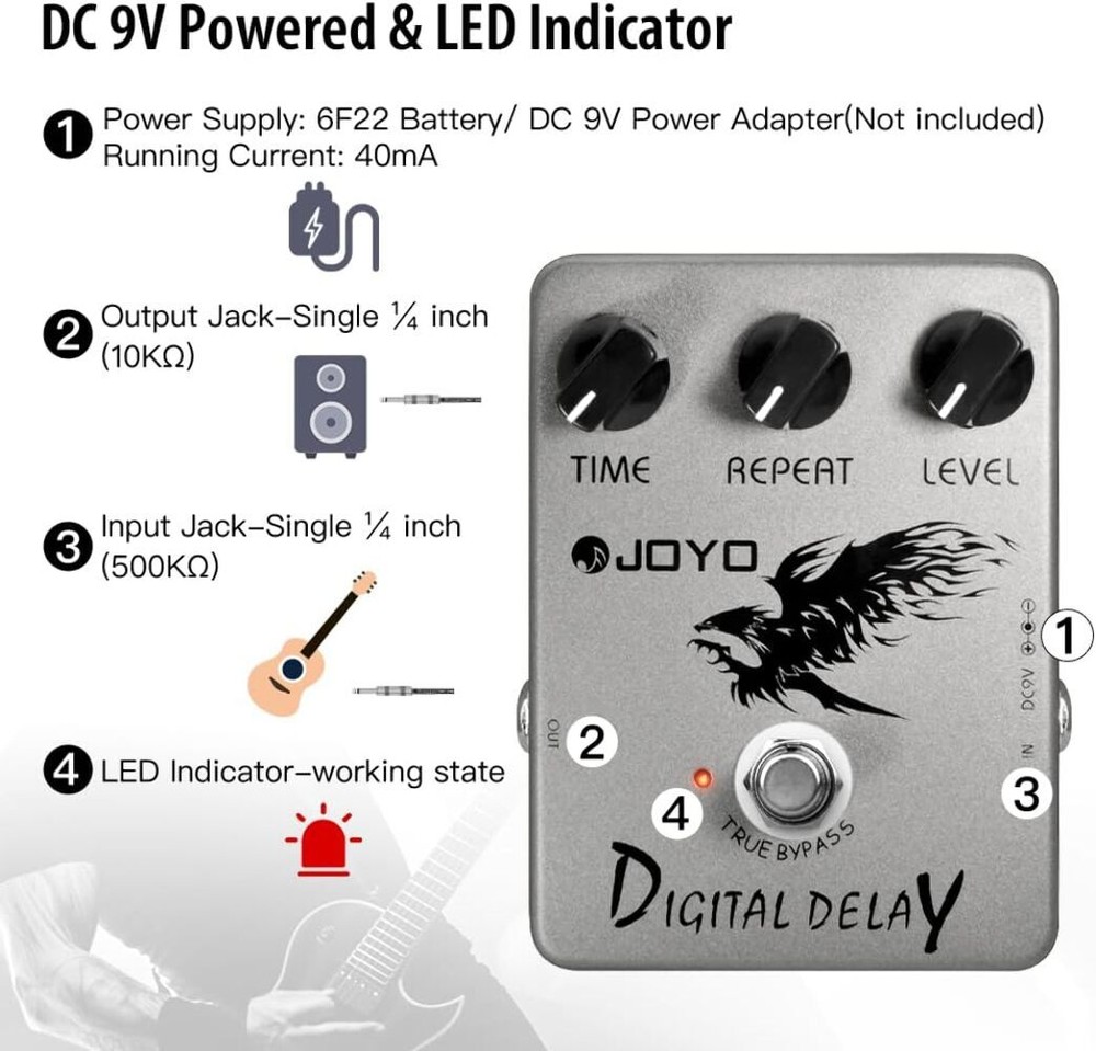 JOYO Digital Delay Effect Pedal for Electric Guitar & Bass Delay Time Range 25ms