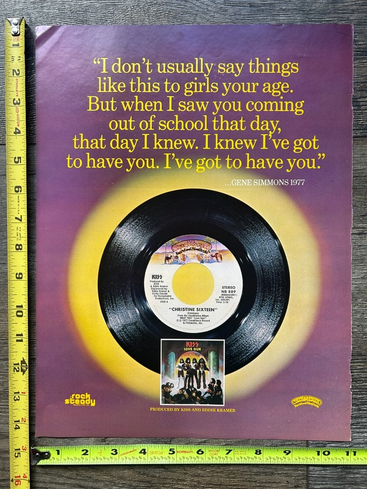 KISS Ad Advert Christine Sixteen Vinyl 7" Love Gun 11x14 Vintage Kiss Aucoin