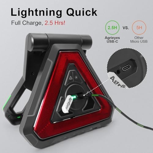 USB-C Rechargeable Emergency Triangle Lights, Portable Flashing LED Warning