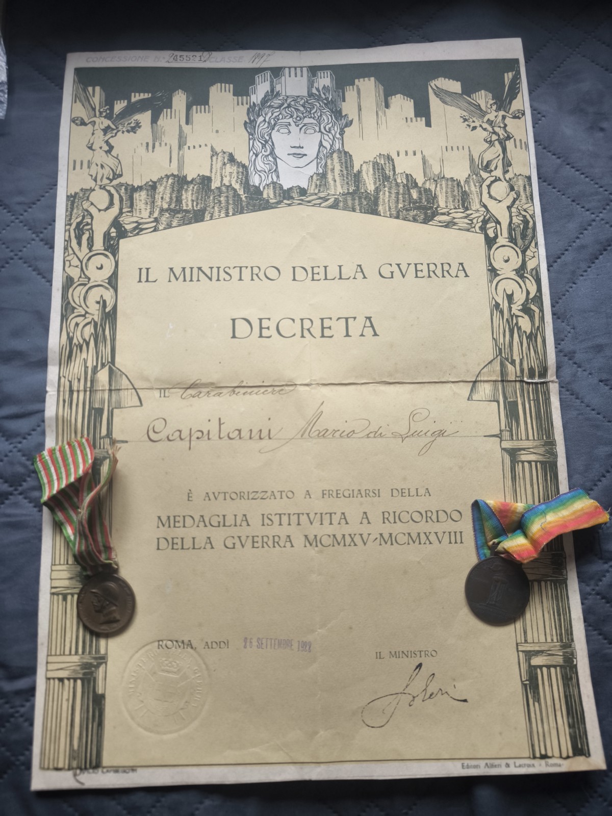 Ww1 Italian Carso-Isonzo Victory Medals with Award Reali Carabinieri Captain