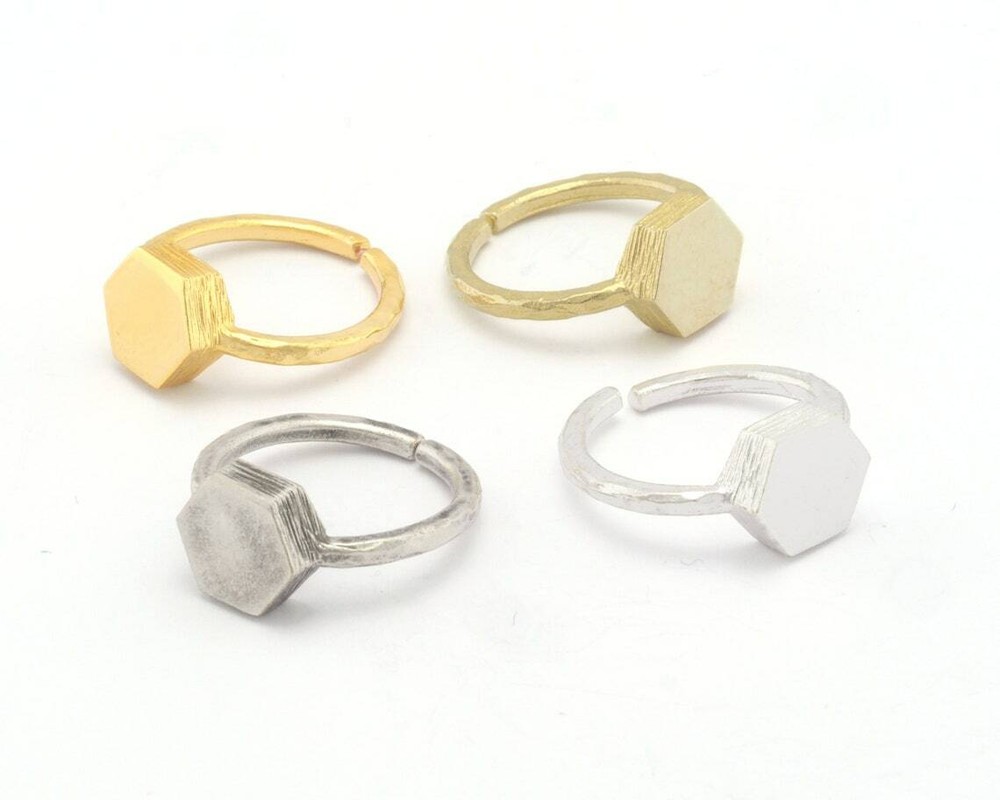Hexagonal Brushed Edge Ring Adjustable Silver,Raw Brass,Shiny gold-silver 4723