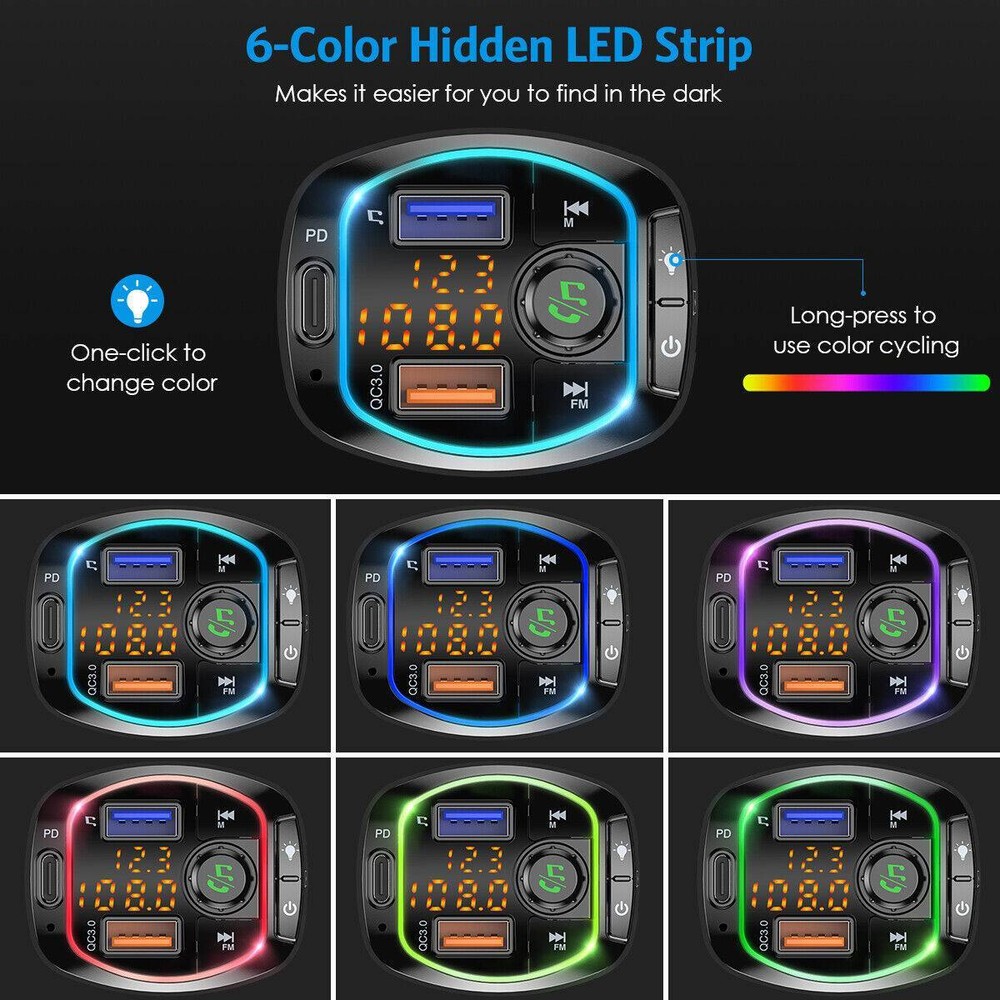 Bluetooth 5.0 Car Wireless FM Transmitter Adapter 3USB PD Charger AUX Hands-Free