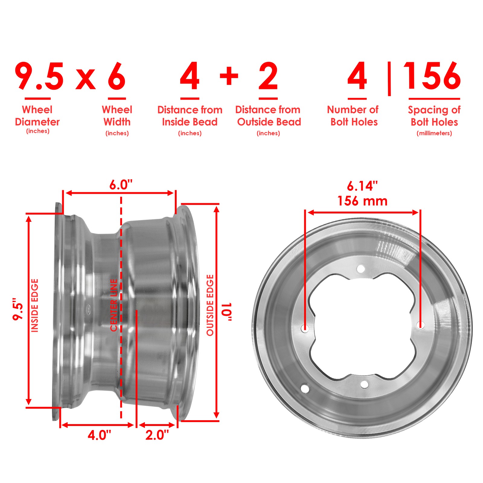 Caltric 10x6 inch 4/156 Bolt Pattern 4+2 Offset Front Wheel Rim For Yamaha