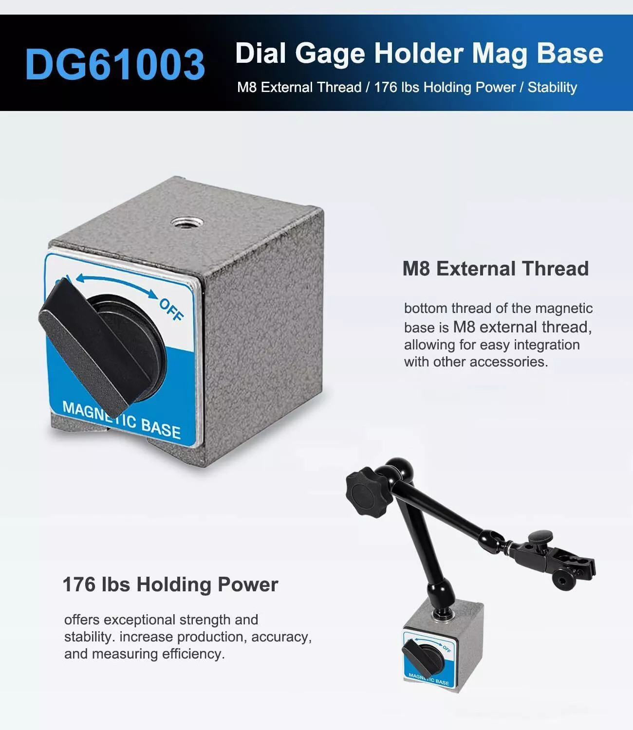 DG61003 For Noga Dial Gage Test Indicator Holder Magnetic Base 176lb Fine Adjust