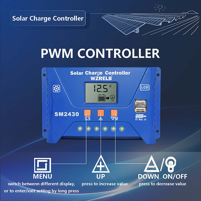 PWM Solar Panel Battery Charge LCD Controller 30A 12V/24VAuto Regulator Dual USB