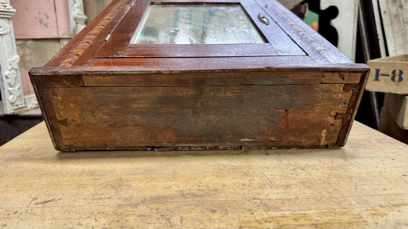 Antique Victorian Medicine Cabinet w/ Inlay Wood Wall Cabinet Original Mirror