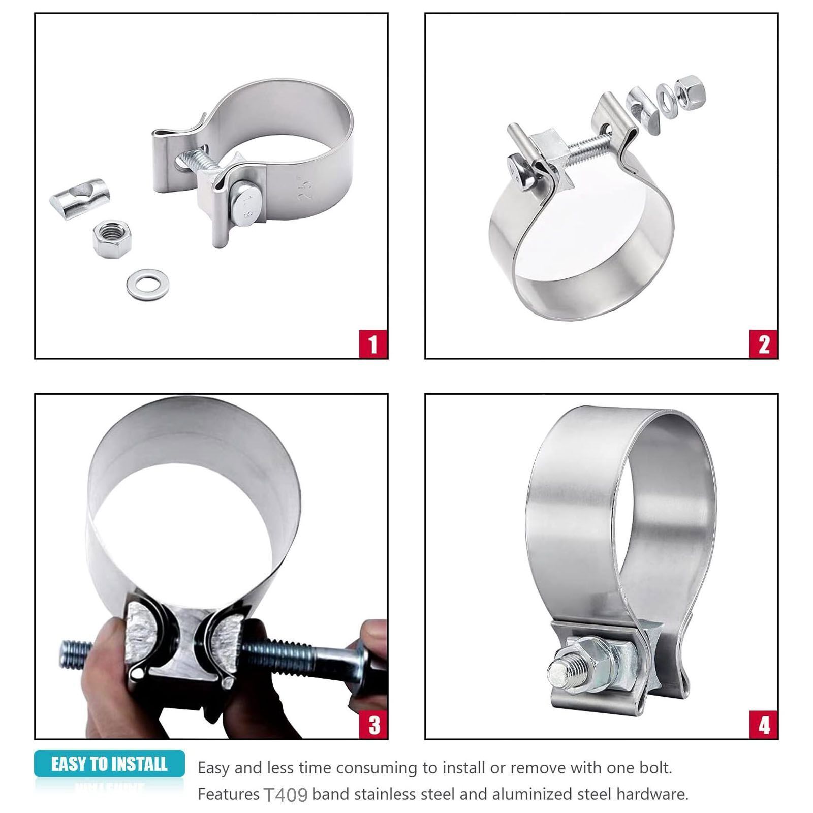 2PCS 2.5 Inch Exhaust Clamp,2 1/2" Narrow Band Muffler Clamp Stainless Steel