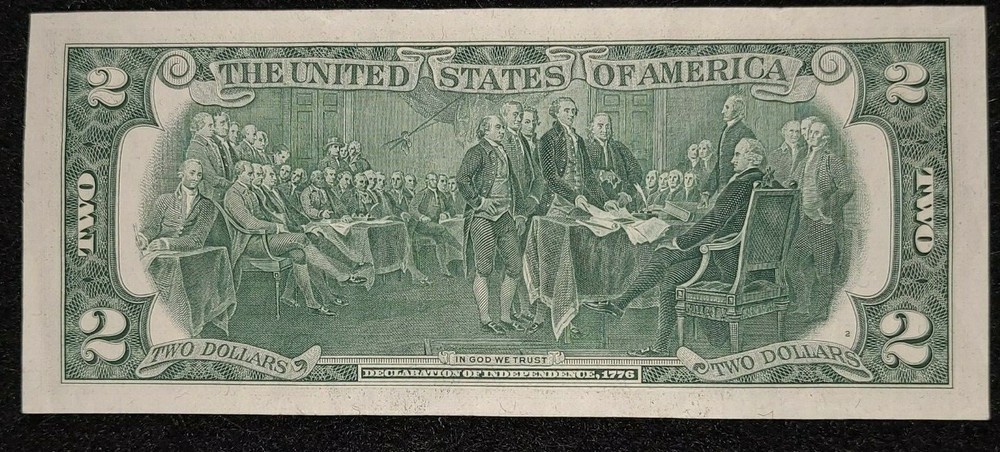 1976 $2 note alignment Shift over-inking error AU [almost uncirculated] folds