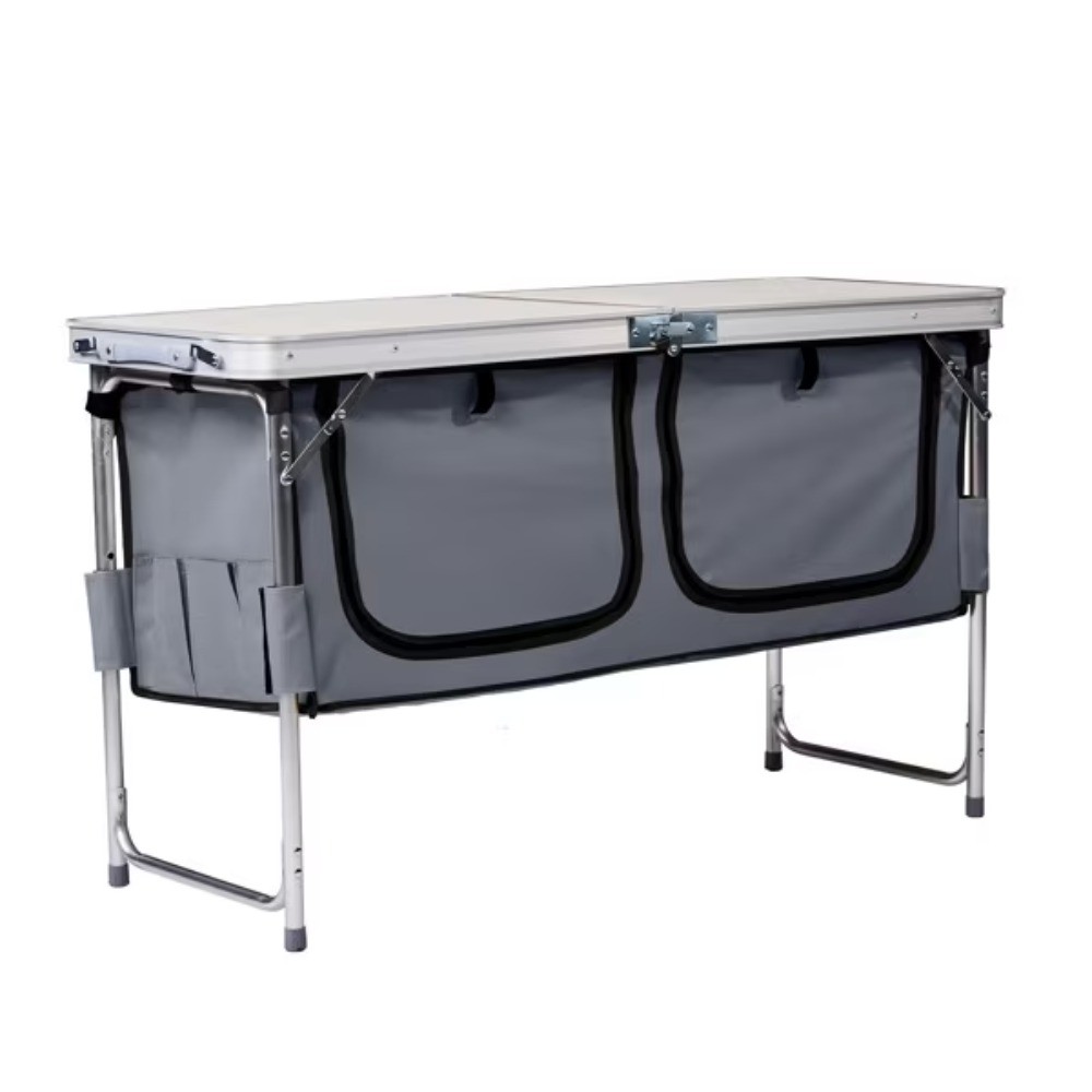 Folding Camping Table with Adjustable Heights, Storage Compartments