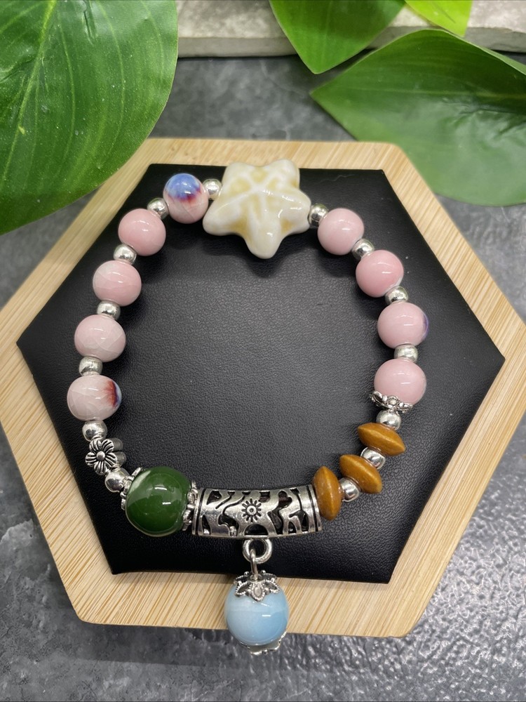 Handmade Ceramic Bead Beaded Stackable 6.5” Plus Stretch Bracelet New B319