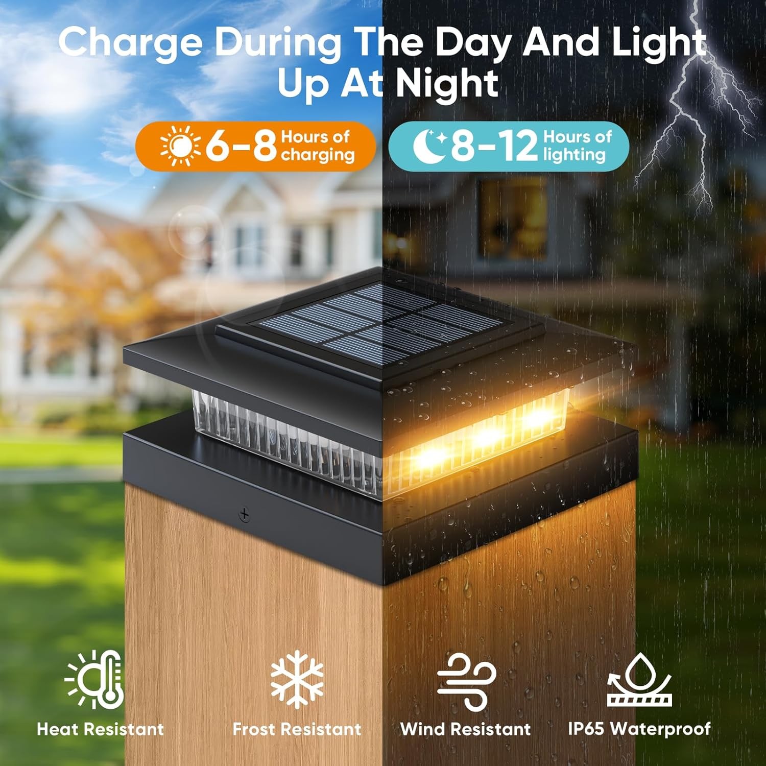 Solar Post Cap Lights: 6 Pack 4x4 Powered Fence Lights 6 Pack, Black