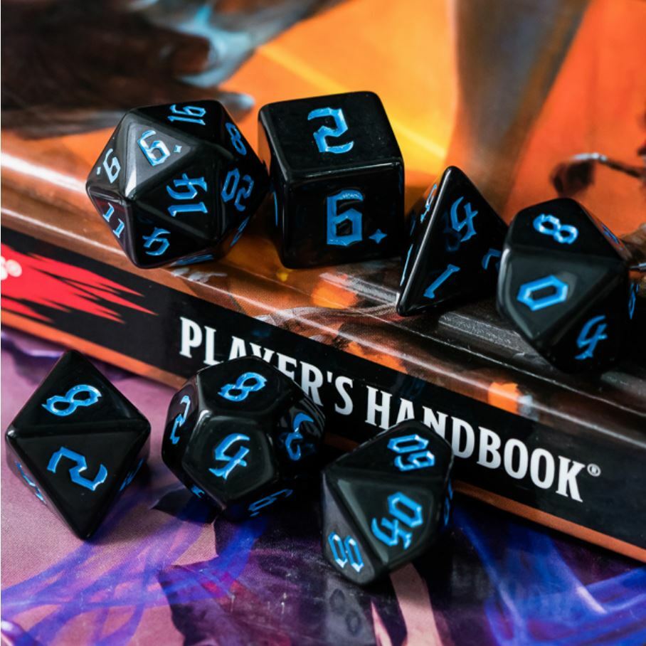 Blue Orcish Script Dice Set Poly RPG DnD Dungeons Dragons AD&D Pathfinder