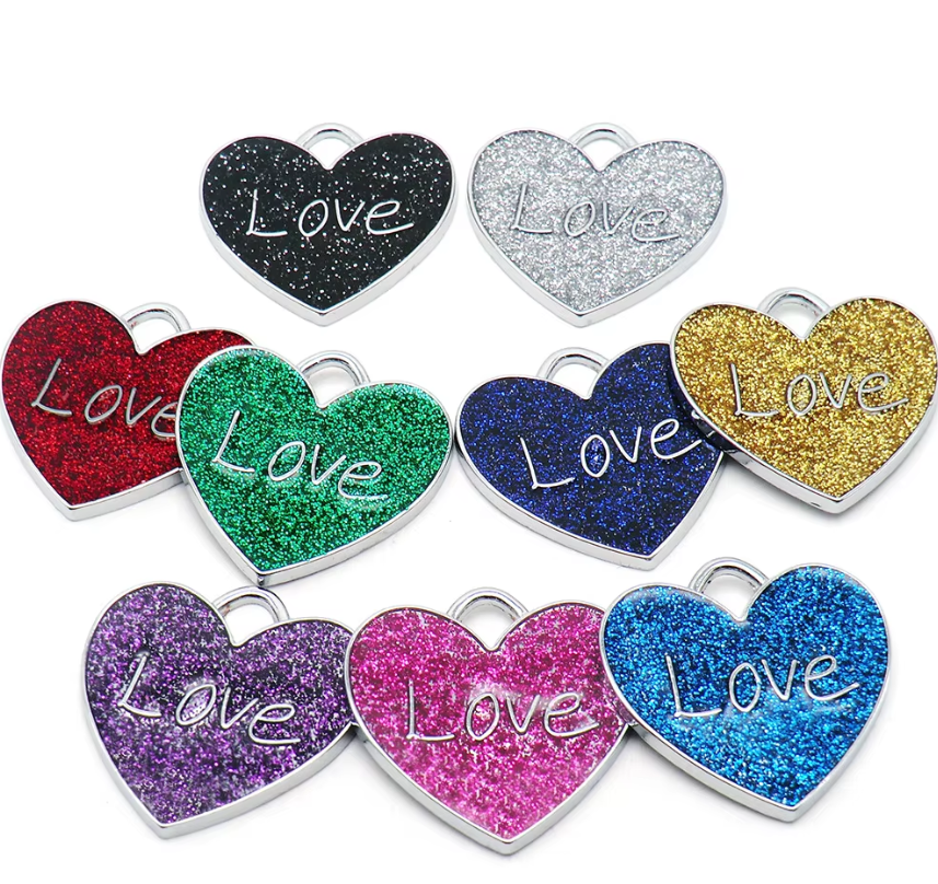 LOVE Glitter Heart PET ID Tag Engraved Custom CAT DOG Name Tag | Ring Include