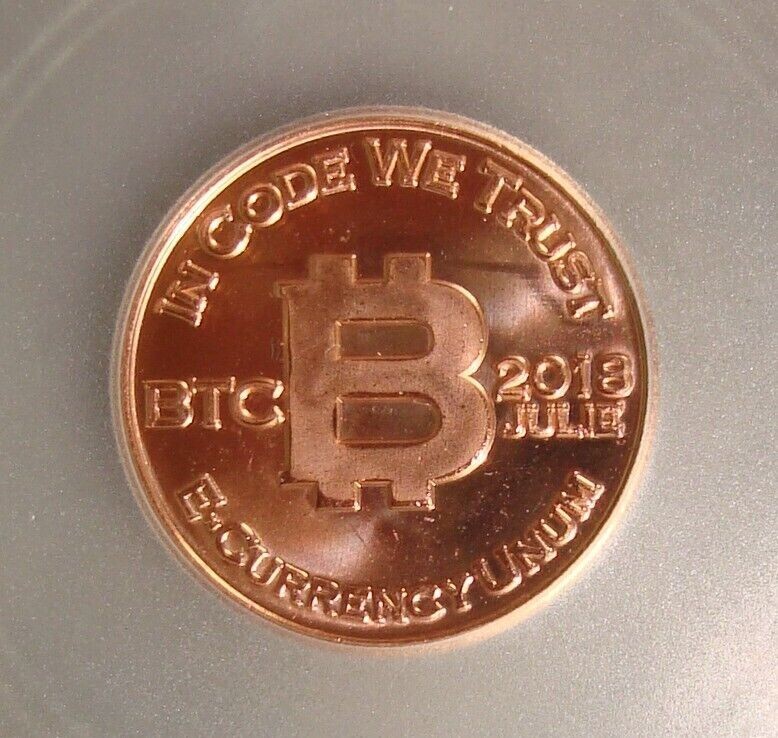 2018-JULIE Bitcoin Penny, Node Reverse, Copper Coin Round Token Graded CG MS66PL