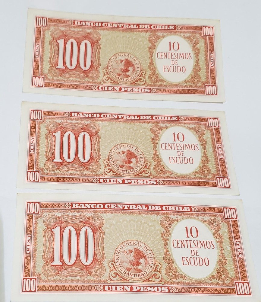 3 Consecutive Serial Numbers Chile 100 Pesos Old Banknote UNC