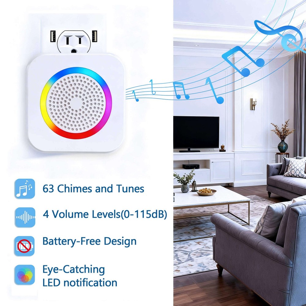 Wireless Doorbell Chime Waterproof Receiver Self-Powered Adjustable Volume 350M