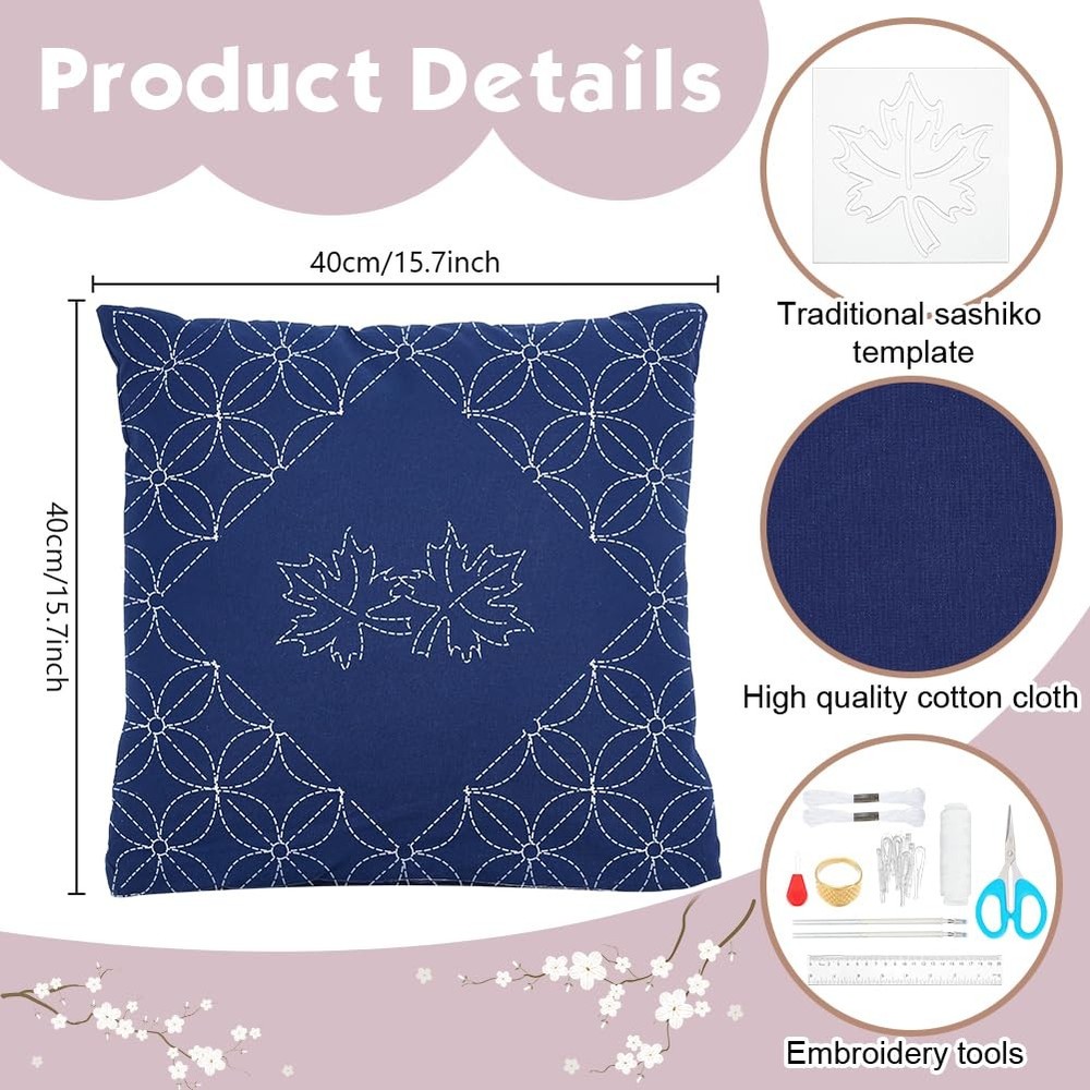 WEBEEDY DIY Sashiko Pillowcase Kit Template Pillow Covers Set blue