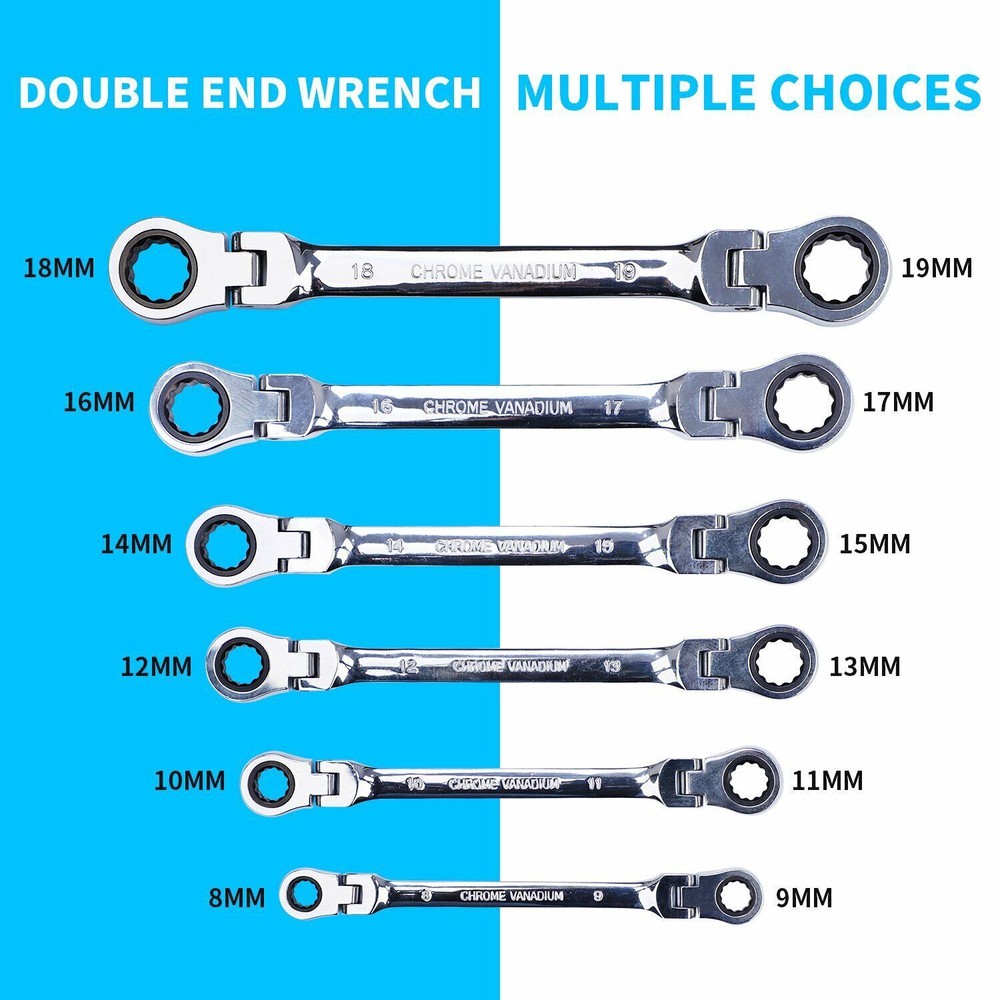 Universal 6Pcs Double Box End Ratcheting Wrench Flex-Head Extra Long Spanner Set