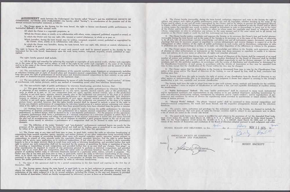 BUDDY HACKETT - DOCUMENT SIGNED 11/11/1975