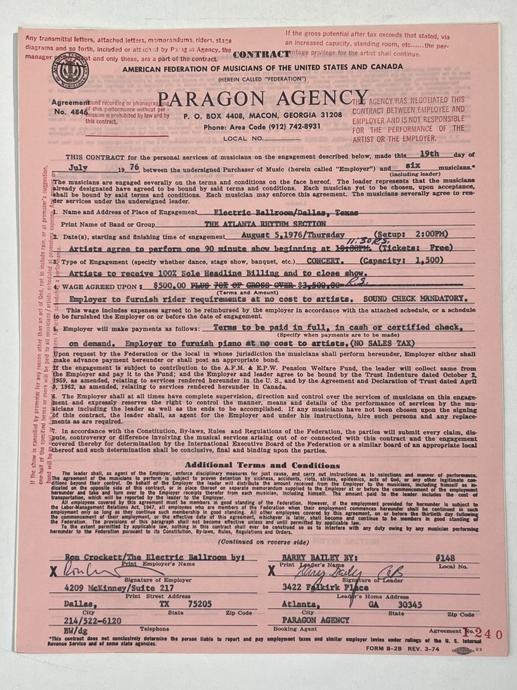 The Atlanta Rhythm Section Concert Contract 1976 Dallas TX