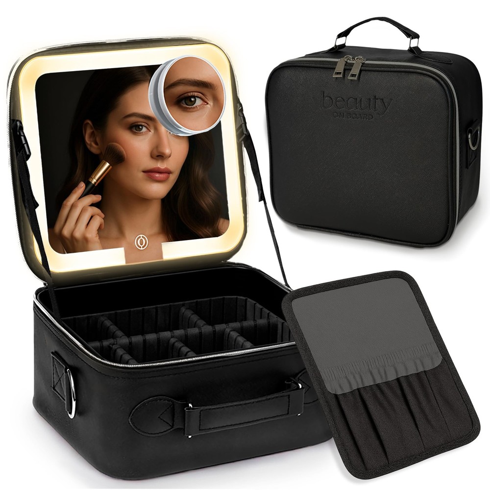 Makeup Bag with LED Mirror, PU Leather Makeup Case - 3 Adjustable Brightness ...