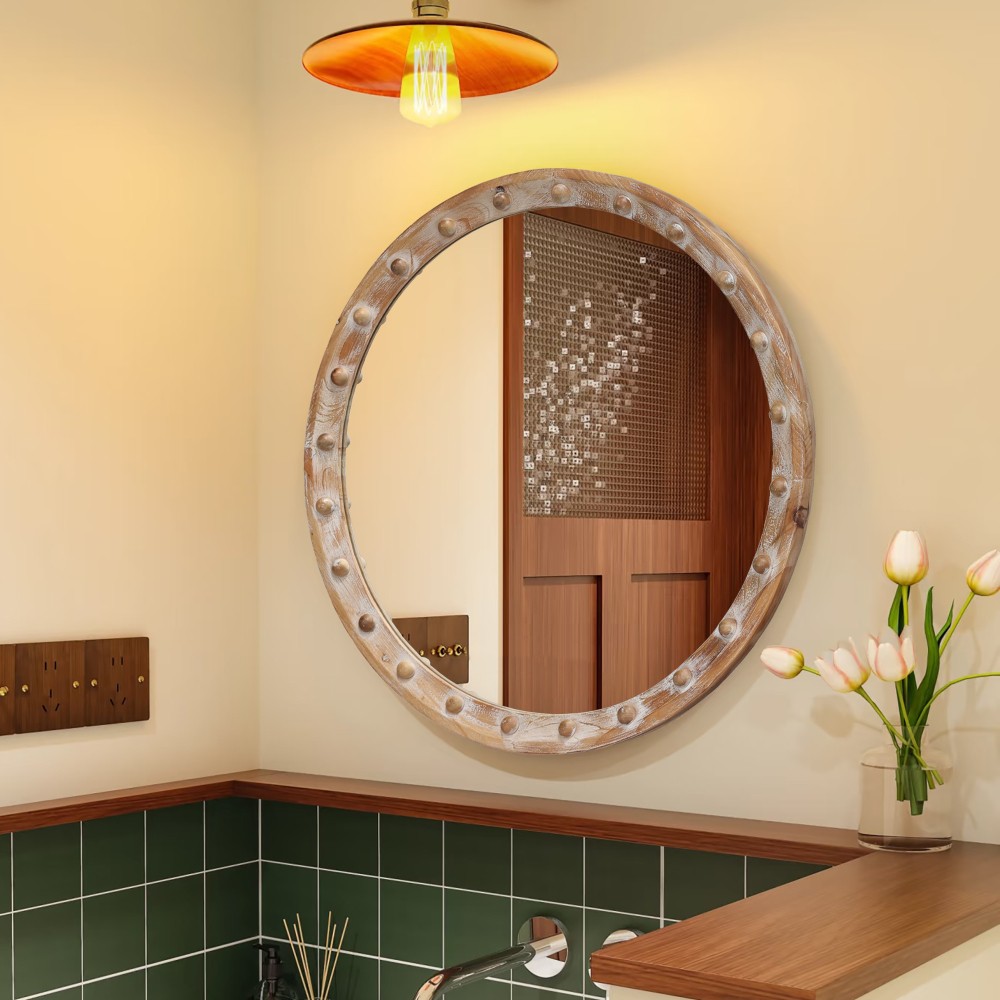 Rustic Round Wall Mirror 24" Distressed Wood Frame w/ Rivets Decor