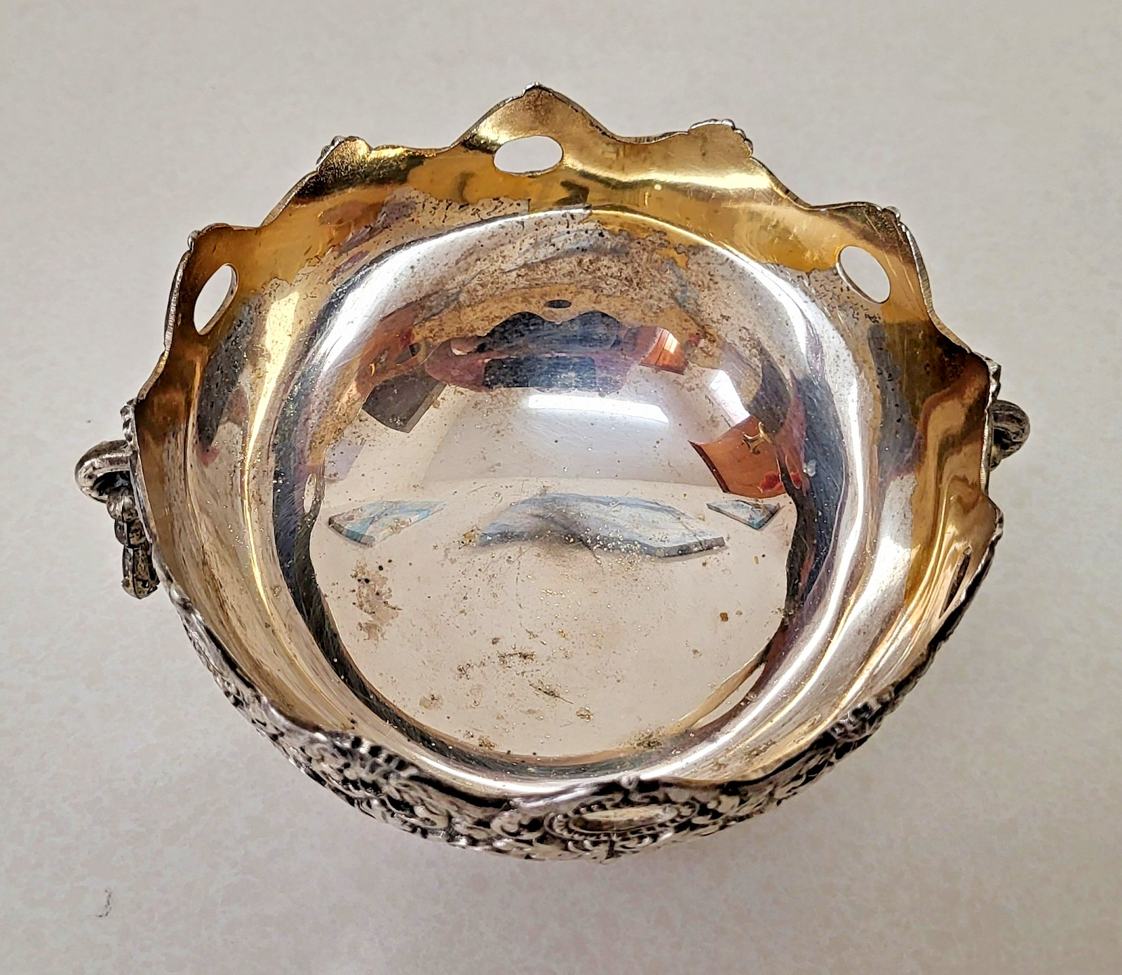 Vtg Silverplate Gold Bowl Candy Dish 5x3" Ornate Handles Embossed Raimond Japan