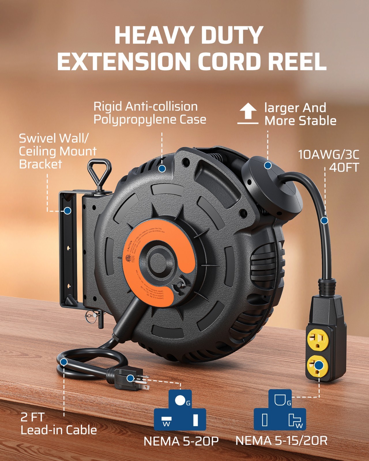DEWENWILS Retractable Extension Cord Reel, 40FT 10AWG/3C SJTW Heavy Duty Power